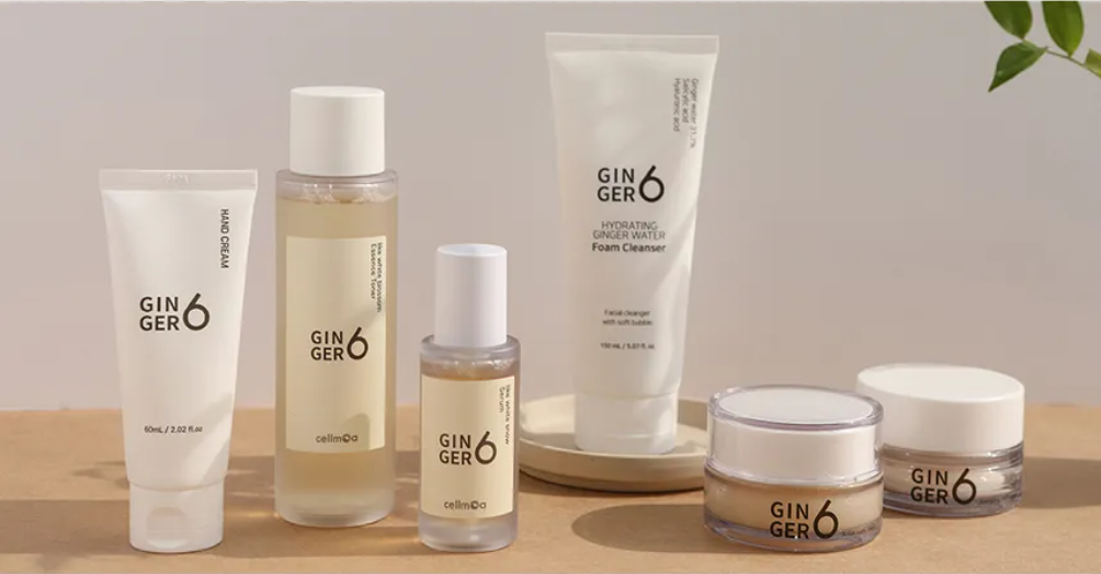 Ginger6 Hydrating Skincare Set - Ginger Water Foam Cleanser, Essence Toner, Serum, Face Cream, and Hand Cream