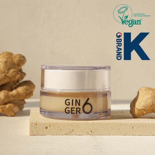 Ginger6 Active Water Day Cream 50ml jar with raw ginger root, featuring Vegan Society and Brand K logos
