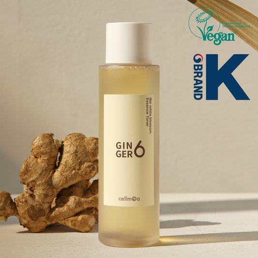 Ginger6 Like White Blossom Essence Toner 150ml with raw ginger root, featuring Vegan Society and Brand K logos