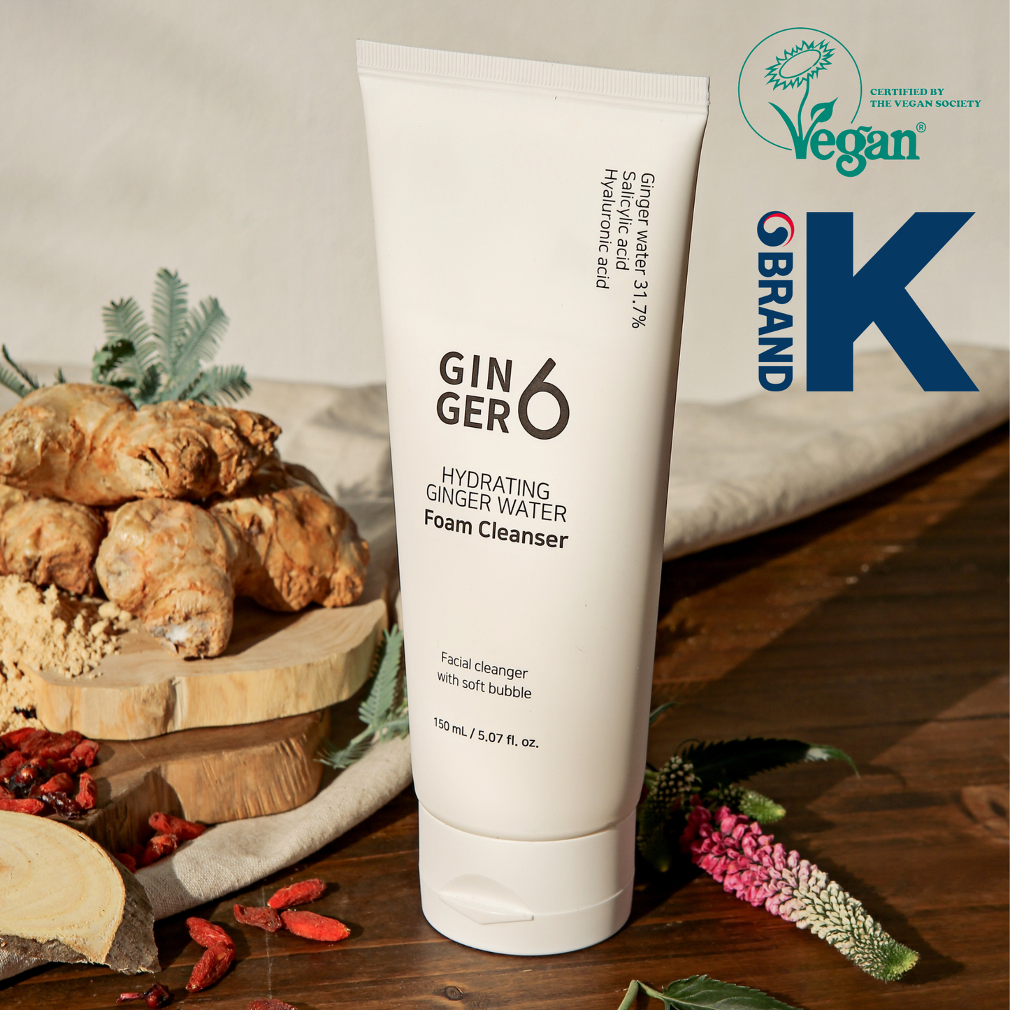 Ginger6 hydrating ginger water foam cleanser 150ml with raw ginger roots, featuring Vegan Society and Brand K logos