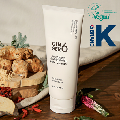 Ginger6 hydrating ginger water foam cleanser 150ml with raw ginger roots, featuring Vegan Society and Brand K logos