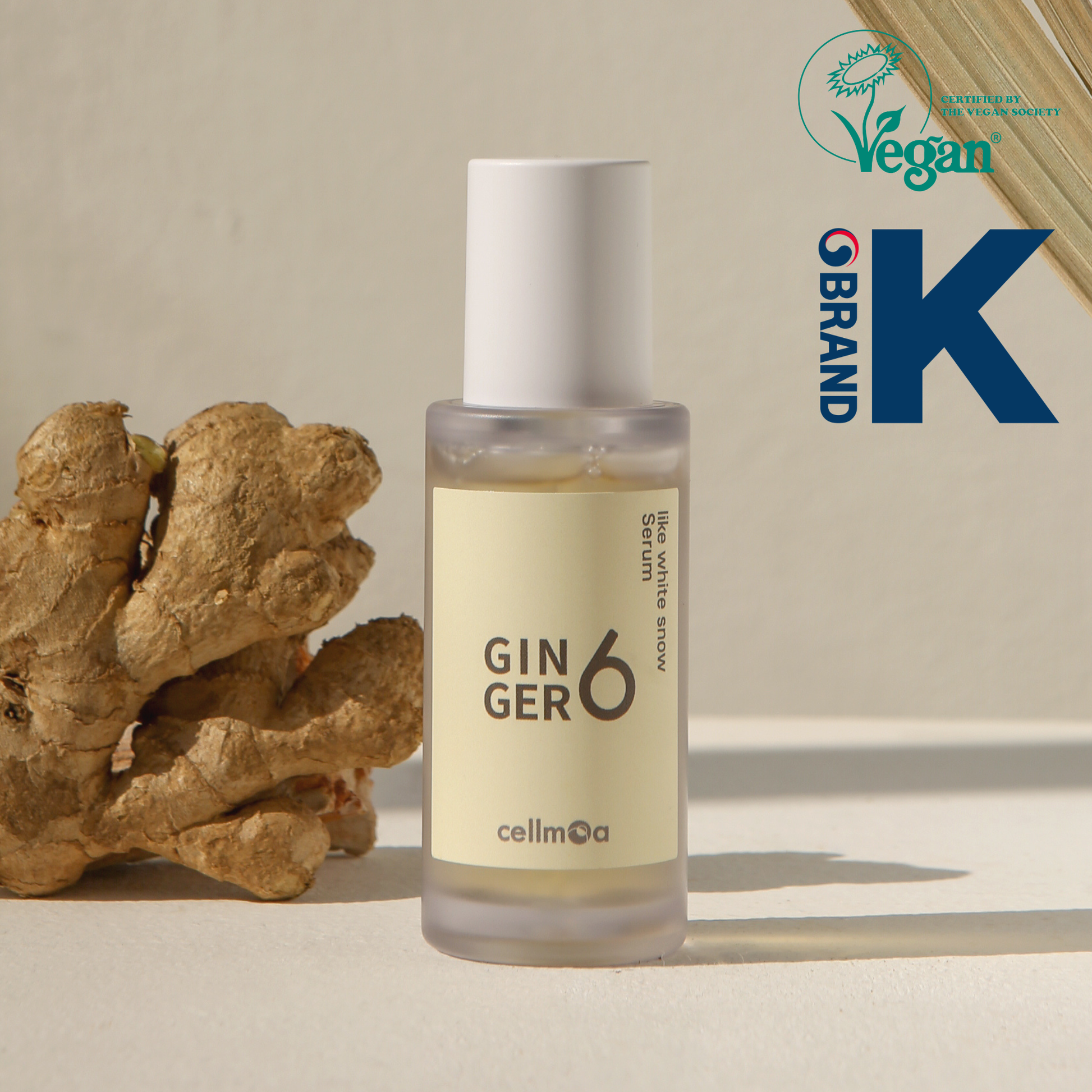 Ginger6 Like White Snow Serum 30ml with raw ginger root, featuring Vegan Society and Brand K logos